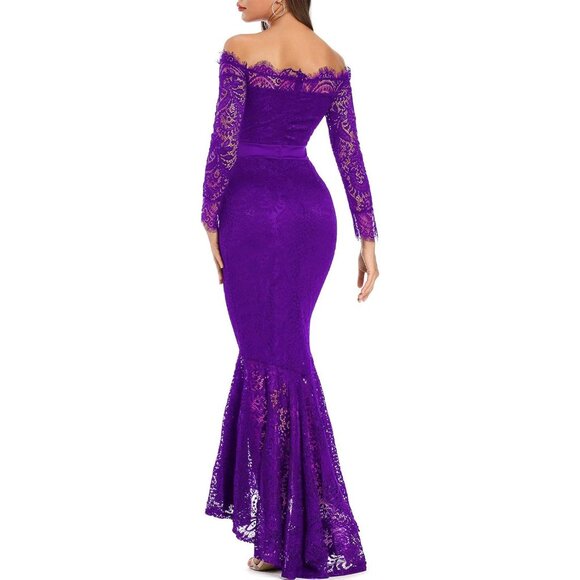 Women's Purple Floral Lace Long Sleeve Off Shoulder Wedding Mermaid Dress - Picture 2 of 6